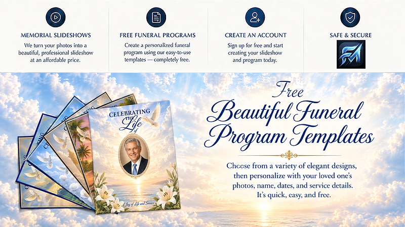 Forever Montage features, with funeral program templates over a sunrise ocean background