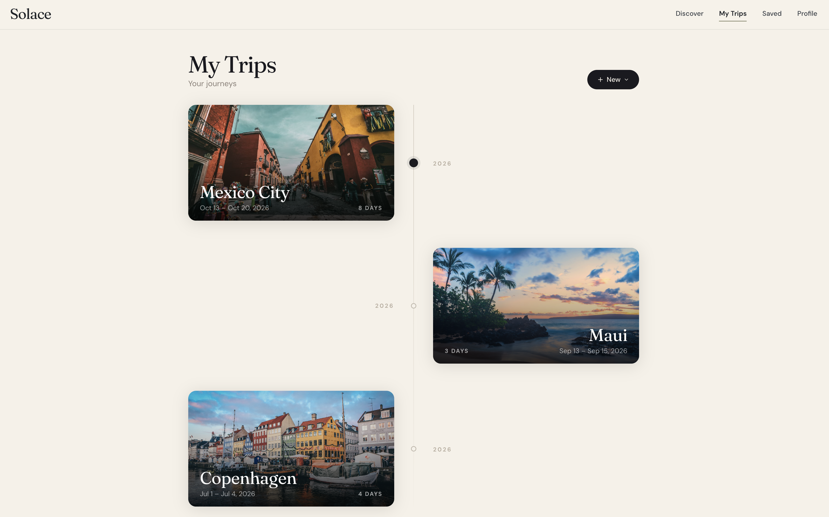 My Trips page showing destinations the user is currently planning, with match scores and trip status