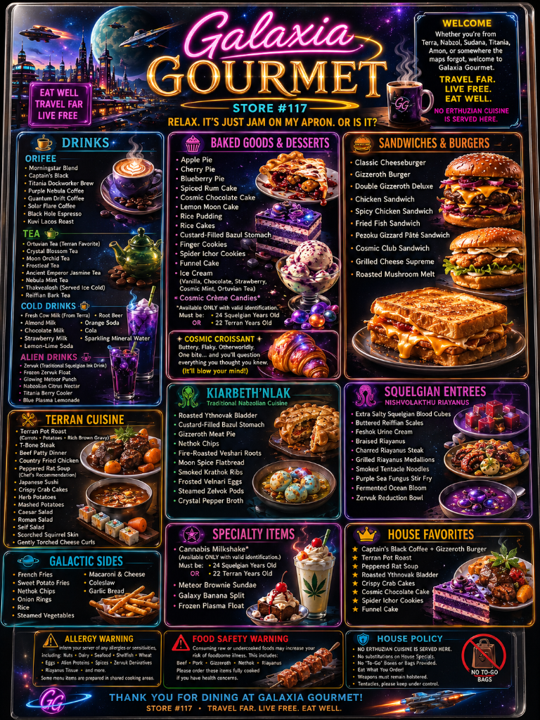 The Galaxia Gourmet store menu — drinks, Terran and Nabzolian cuisine, sandwiches, desserts, and house favorites