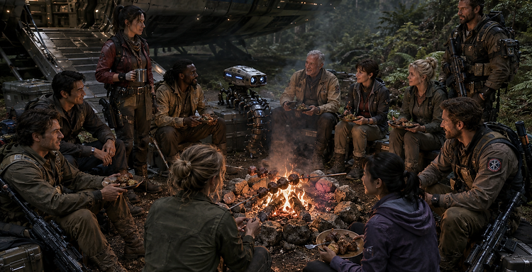 The Gulliver crew at a campfire