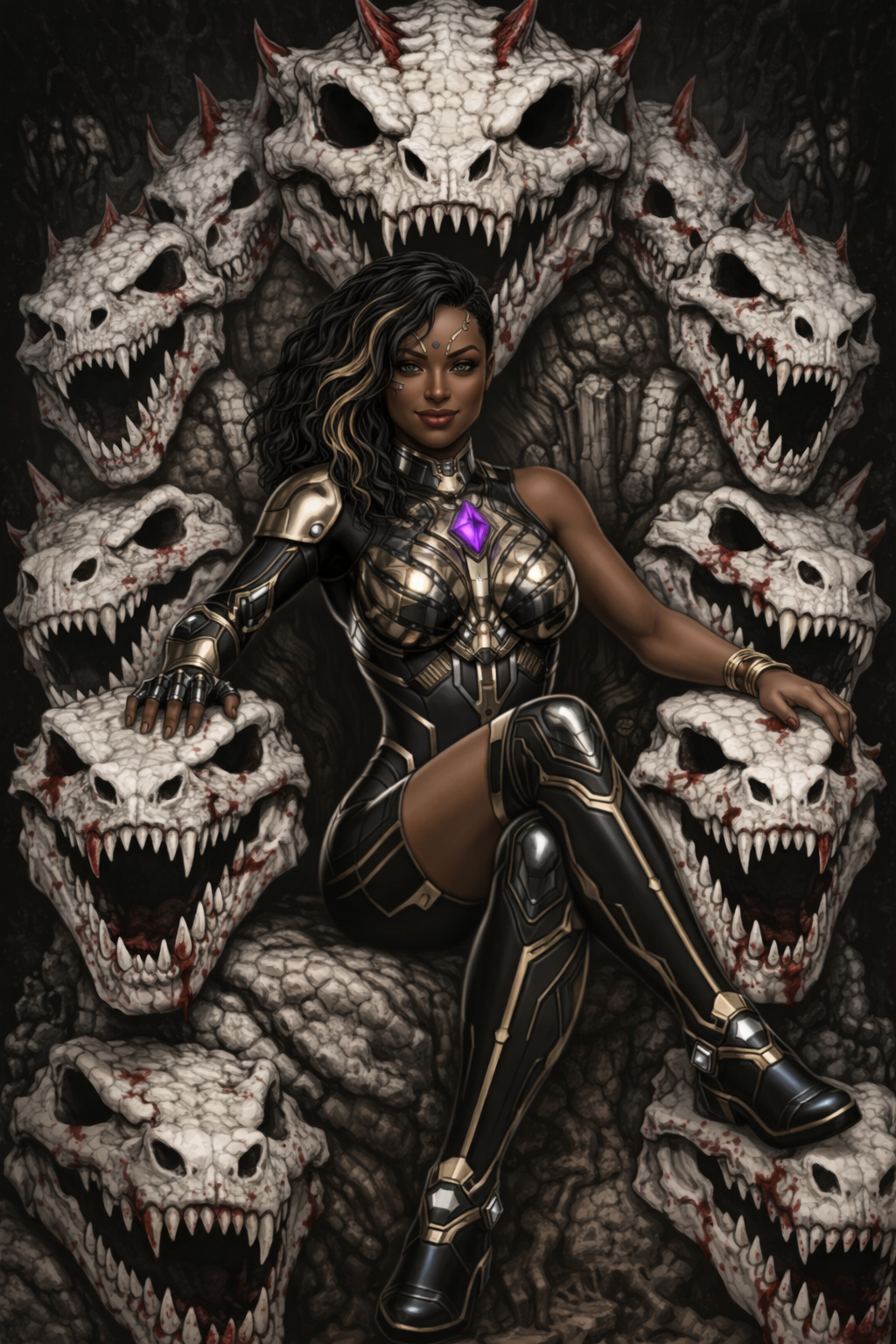 A later cultural depiction of Sharra Zul'Elkoen seated on a throne surrounded by enormous skulls — mythological iconography rather than a literal historical scene.