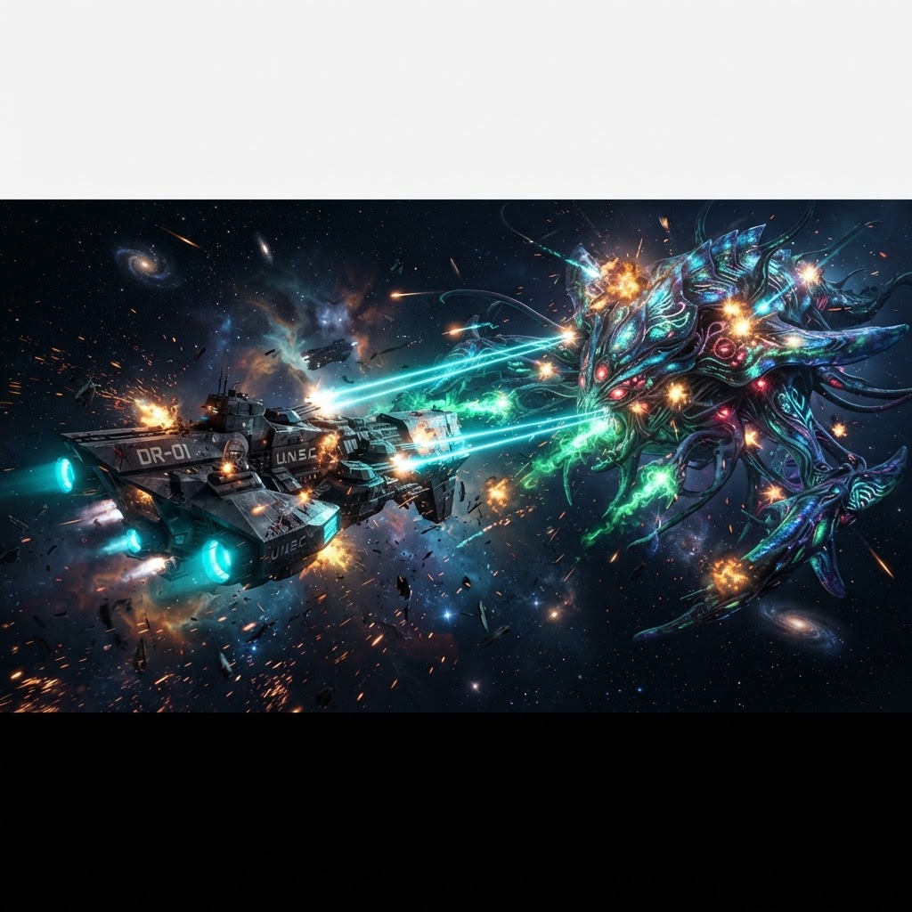 Dragon-class battleship in combat with a Leviathan vessel