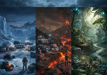 Three alien exoplanet environments: ice, volcanic, and jungle