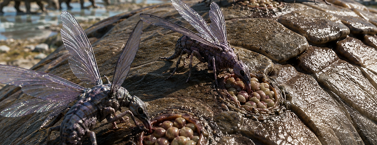 Close-up of an alien ecosystem with a reptilian creature and feeding insects