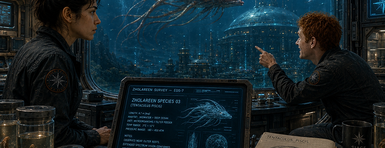 Researchers in an underwater station observing an alien sea creature