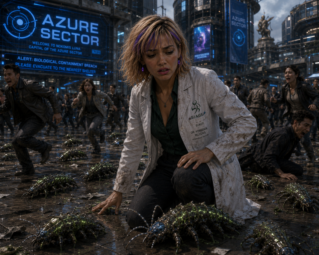 Dr. Yorbenia Xellenis kneels amid scattered Yorbenite organisms during a biological containment breach in Azure Sector, Nokomis Luna