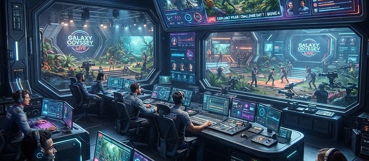 Futuristic broadcasting control room monitoring alien exoplanet competitions