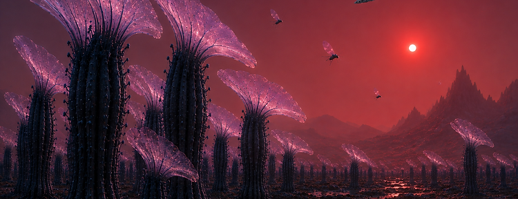 Alien landscape under a red sky with bioluminescent flora