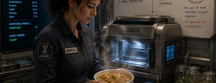 Dr. Edgington holding a bowl of stew beside a Grubox unit and conversion whiteboard