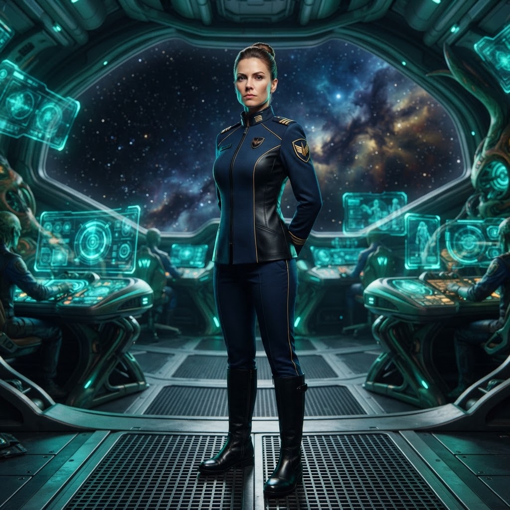 Female KAVOE Officer on alien starship bridge