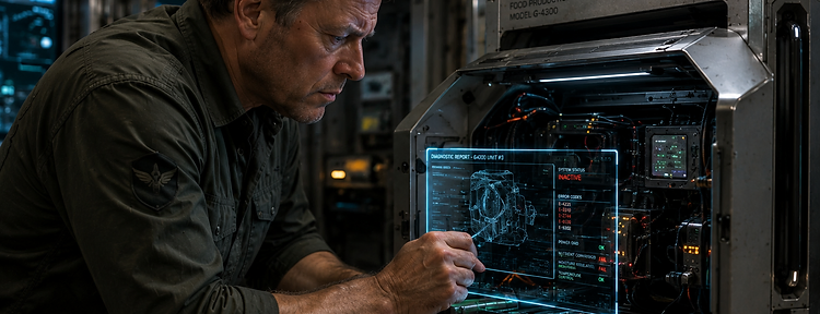 Crew member running diagnostics on a failed Grubox unit