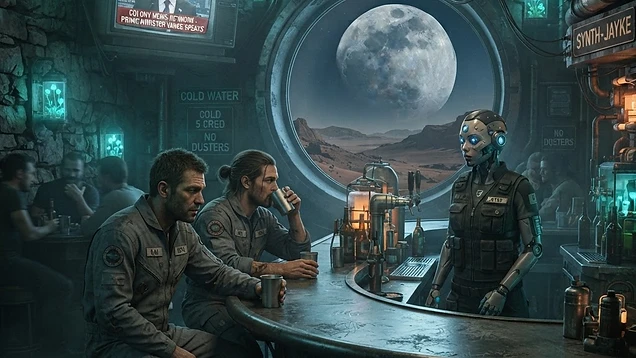 Unjaune bar interior on Thestias, bioluminescent lamps and a porthole revealing the giant moon