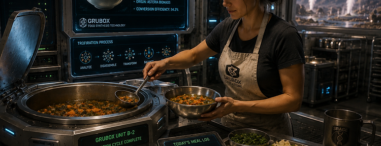 Crew member preparing food from Grubox-converted alien biomass