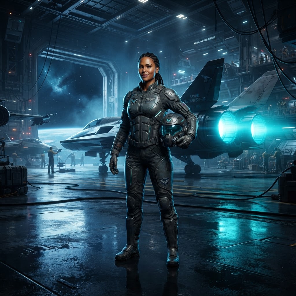 KAVOE pilot Laurona Cooper standing in a hangar beside her space fighter, helmet in hand
