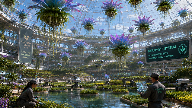 Bioluminescent meraphytes suspended inside the Ventopia Colony 46B agricultural dome