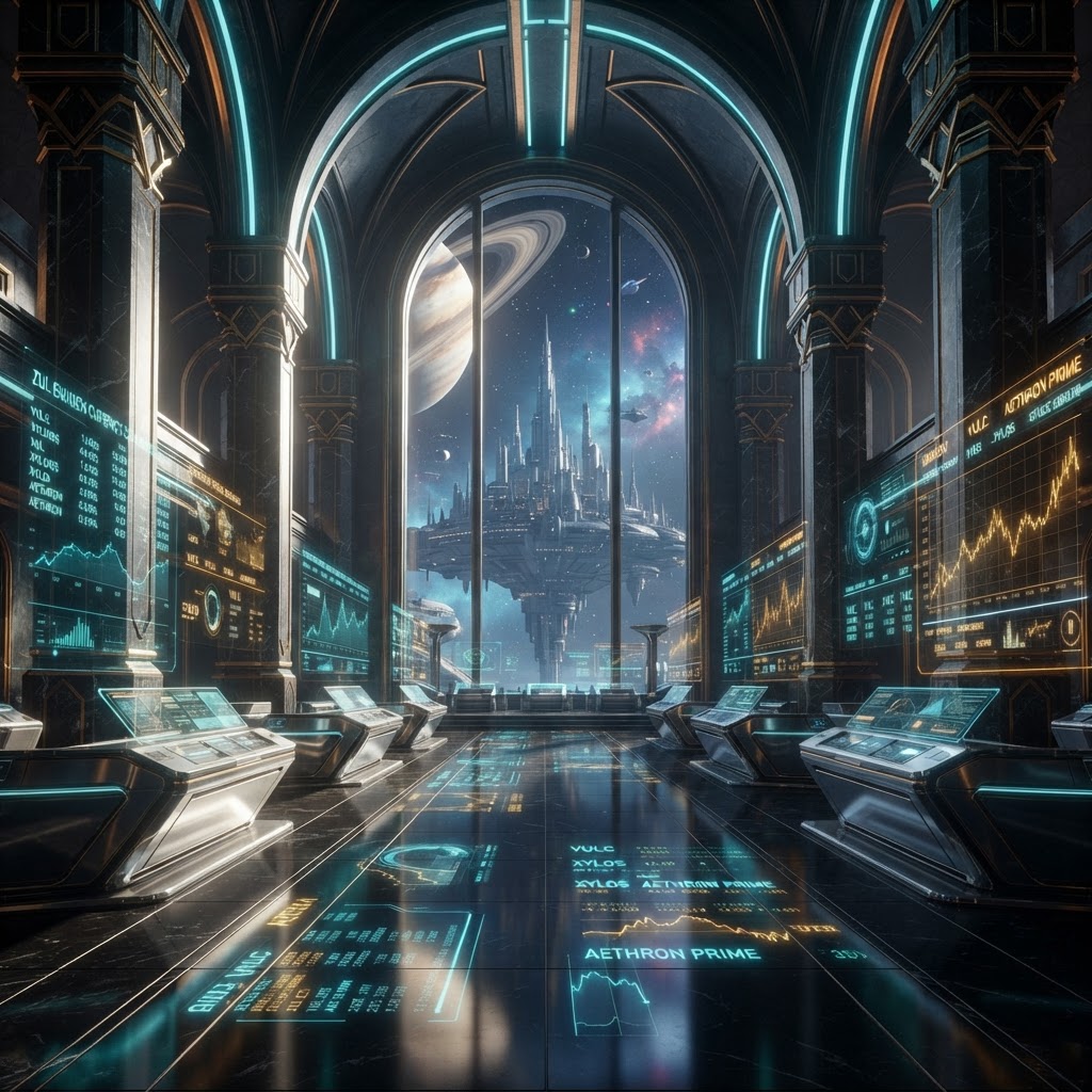 The Imperial Reserve Exchange — grand financial hall with holographic exchange data