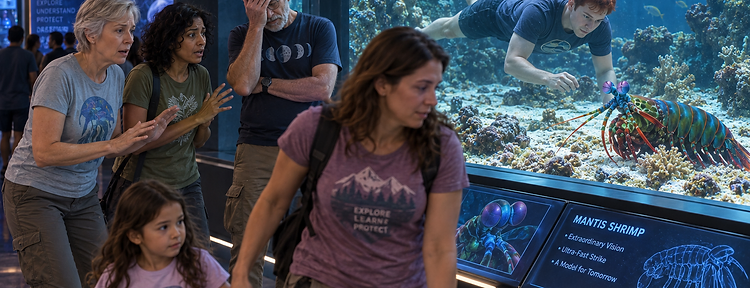 Crew at a mantis shrimp aquarium exhibit