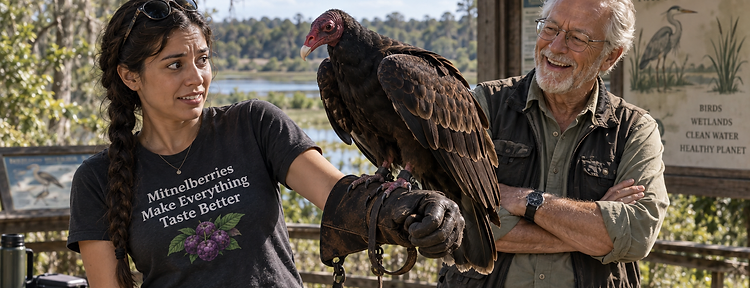 Crew member with a turkey vulture at Riverbend Nature Preserve
