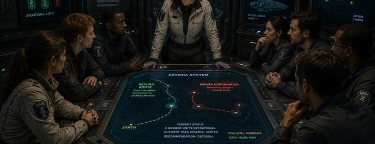 Crew gathered around a holographic mission briefing table