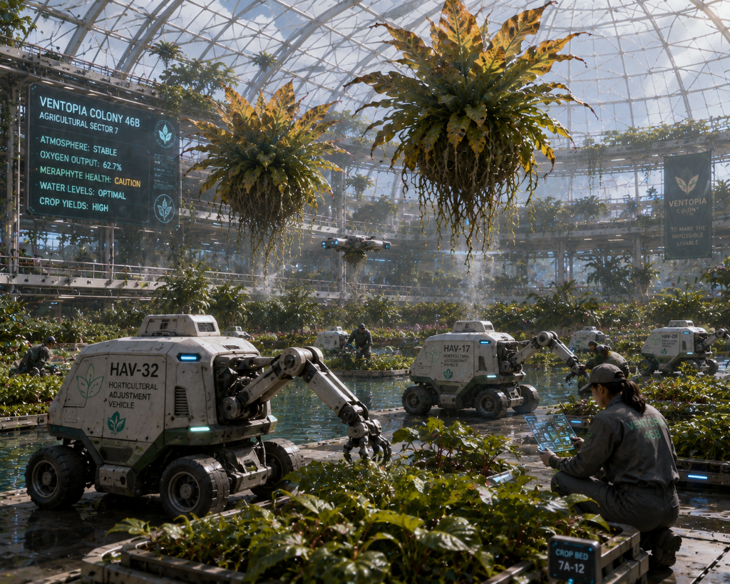 Horticultural Adjustment Vehicles maintaining the greenhouse of Ventopia Colony 46B