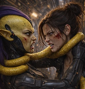 A Squelgian operative using tentacles in close-quarters combat