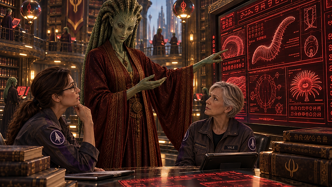 A Velkth scholar in crimson robes gesturing toward a glowing red holographic display of an alien organism, with two human researchers at a desk