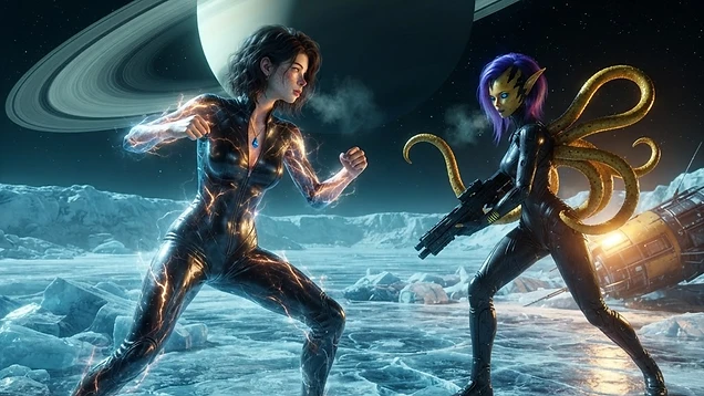 Ada faces off against Thuna on the ice of Enceladus