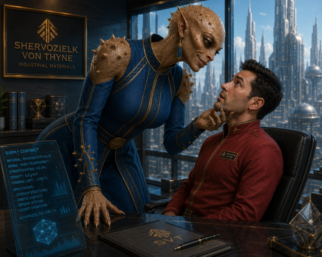 A Zelmok merchant finalizing a rhosvenolyte supply contract with a Consortium liaison