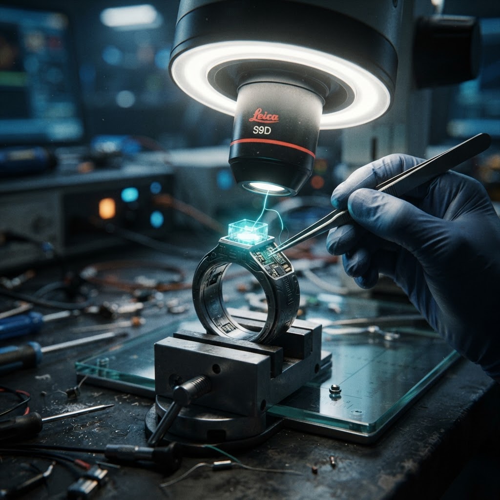 A modroei ring under a dissecting microscope being repaired with precision tools
