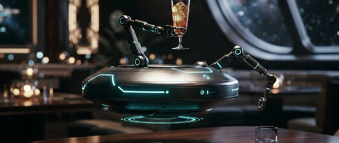 A Nadel — disk-shaped autonomous hospitality service robot hovering above a restaurant table