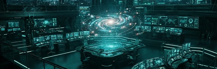 ICIA Central Command operations center with holographic galaxy map