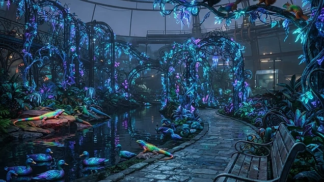 Ohorikoen Park at twilight inside the colony dome, bioluminescent vines and an artificial pond