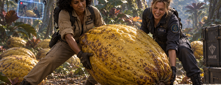 Nanduri and Rusk lifting an alien fruit pod during field work