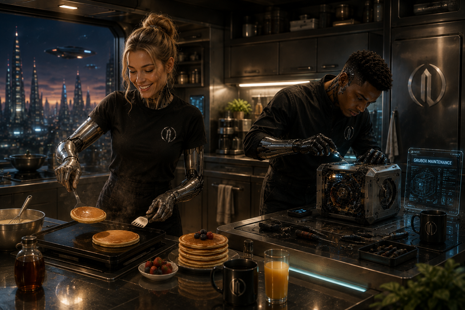 Jayke and Jayne androids in a high-tech kitchen preparing food and maintaining a Grubox