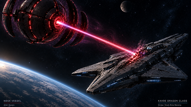 Nosk vessel attacking a KAVOE Dragon Class warship
