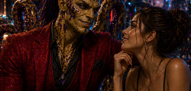 Zel'Noroku sharing a drink with a human companion at an upscale bar