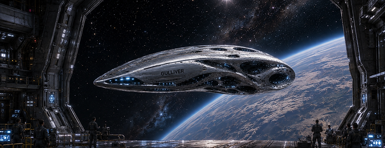 CSV Gulliver floating in a hangar bay, framed by the opening to space