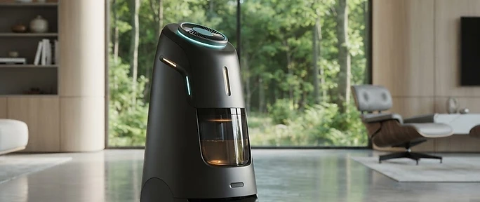 A Wendrule — advanced seamless domestic utility robot cleaning a futuristic apartment with trees visible outside