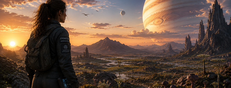 Dr. Edgington surveying an alien landscape at sunset with a gas giant in the sky
