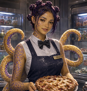 Tika, a Squelgian server holding a pie