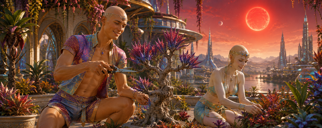 Beylthians tending a garden beneath the red sun of Gliese 357