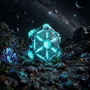A glowing keystone artifact on an alien planet surface