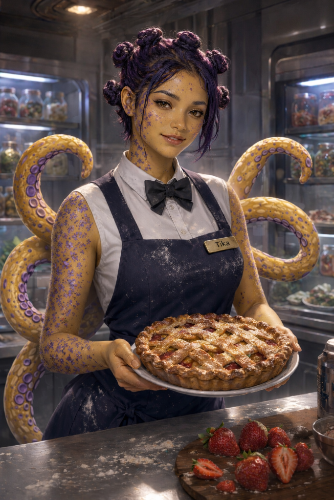 Tika, an Amonian employee of Galaxia Gourmet, holding a lattice fruit pie
