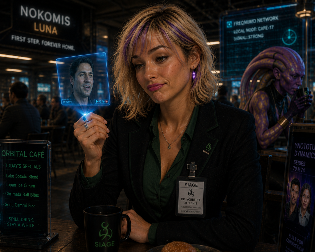 Dr. Yorbenia Xellenis projects a holographic video call from her modroei ring at the Orbital Café on Nokomis Luna