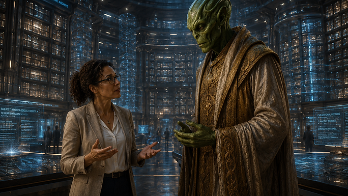 A Velkth archivist in flowing robes conversing with a human researcher in a vast blue-lit archive chamber