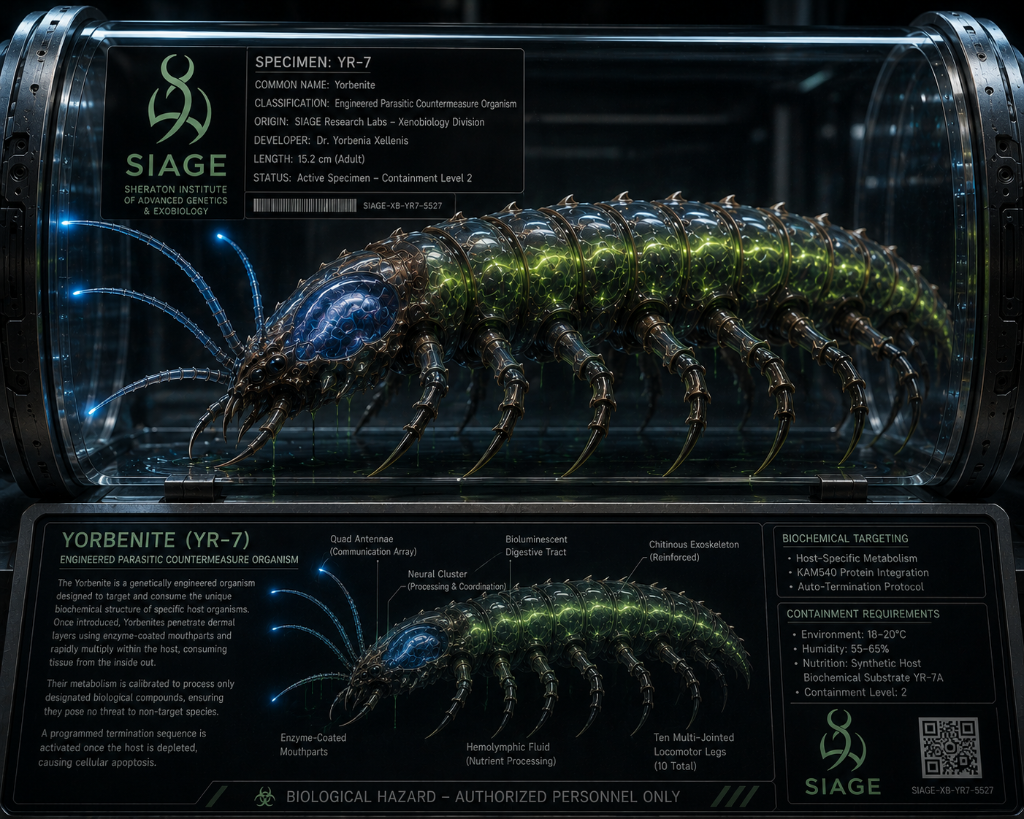 SIAGE technical specification for the Yorbenite (YR-7) — specimen chamber, anatomical diagram, and containment specifications