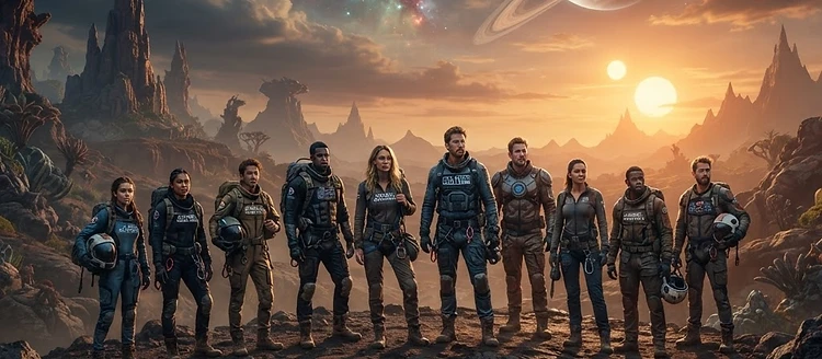 Ten contestants on an alien exoplanet at dawn