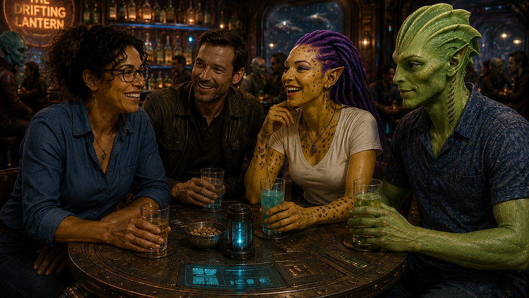 A diverse group sharing drinks at The Drifting Lantern, a spaceport lounge where the species of the Consortium mingle