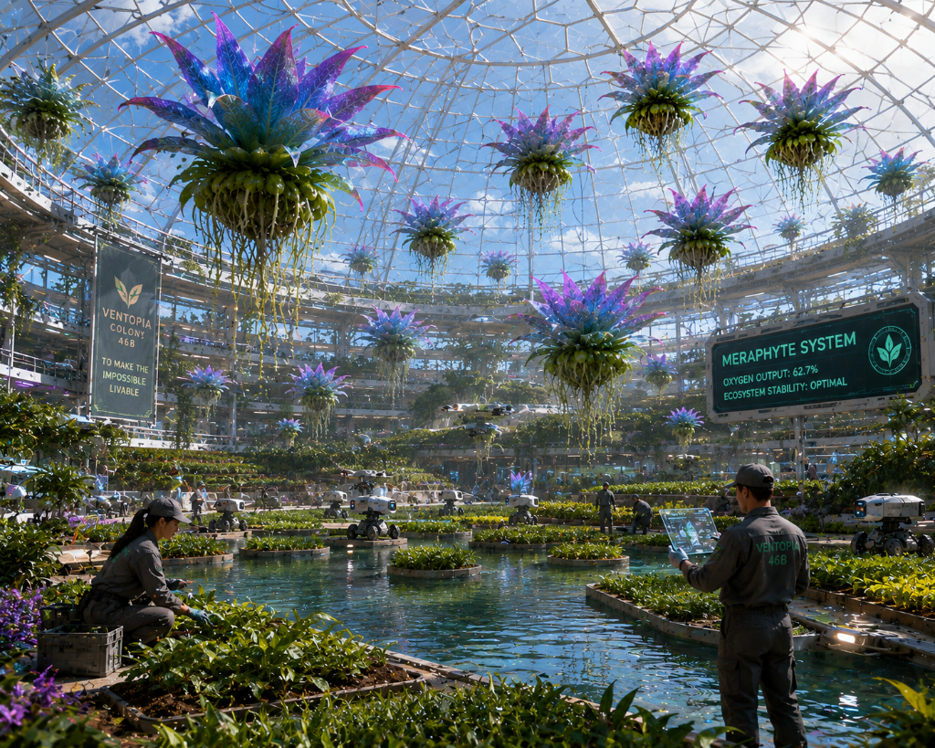 Meraphytes — floating engineered plants over the desert of Thestias