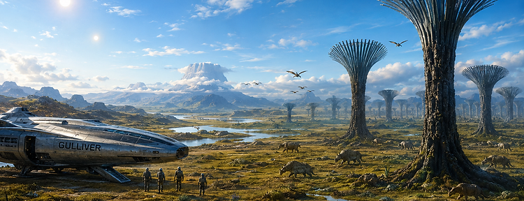 Landed Gulliver with crew on an alien landscape with umbrella-topped trees and grazing creatures